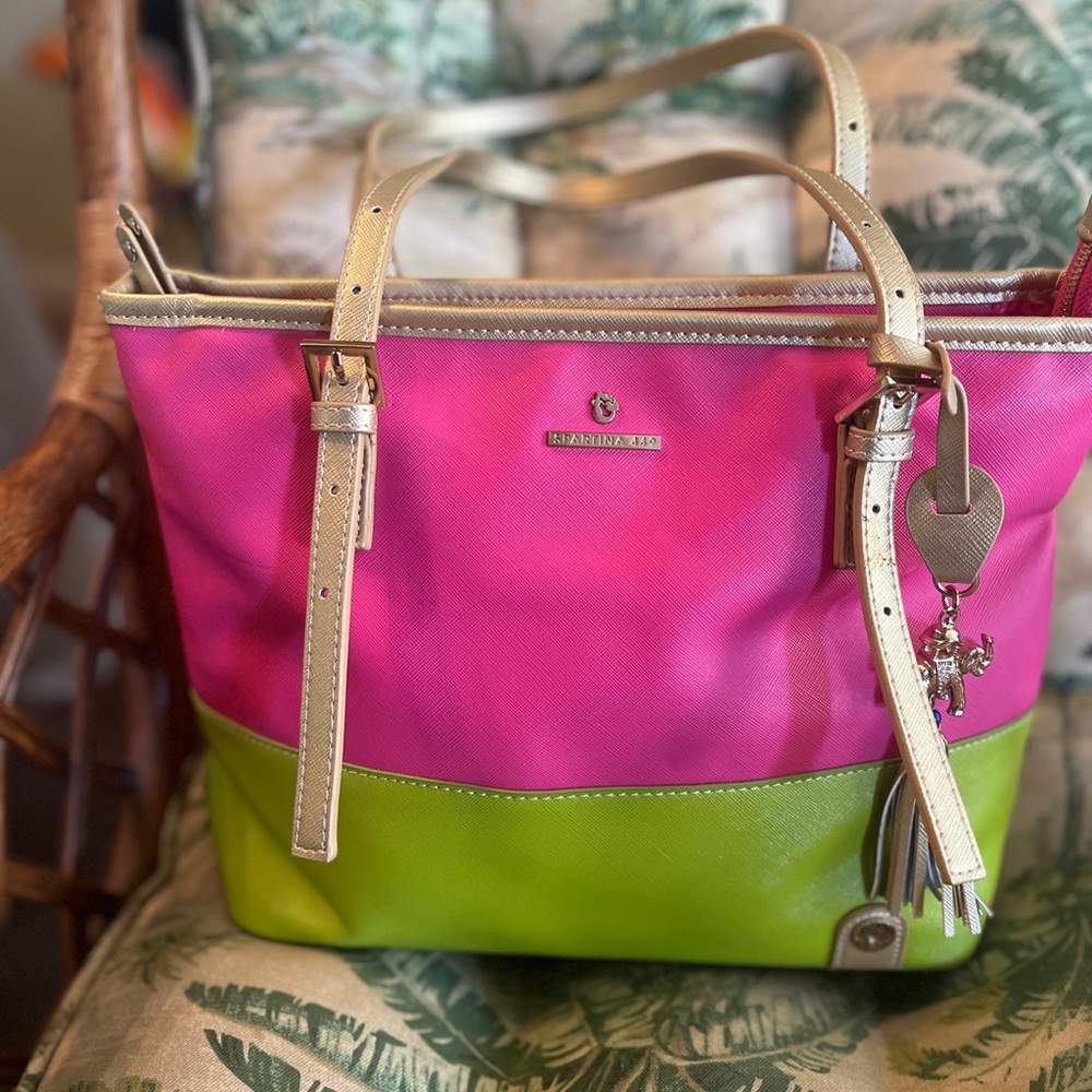 Spartina Purse in pink and green with brushed gold straps.